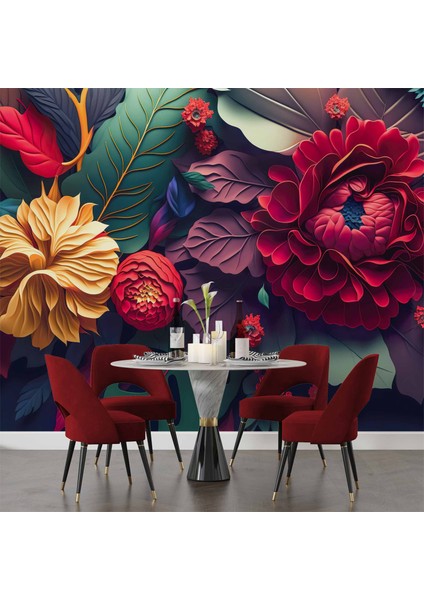 3 Boyutlu Kırmızı Turuncu Çiçek Desenli Duvar Kağıdı indirimleri