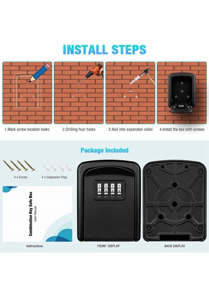2x Tuş Kilidi Kutusu Duvara Monte 4 Haneli Şifreli Kilit Kutusu Ev Anahtarı Hava Koşullarına Dayanıklı Güvenlik Anahtarı Depolama Kilit Kutusu Siyah (Yurt Dışından) fırsatları