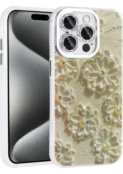 iPhone 15 Pro Max Kılıf Çiçek Desenli ve Taşlı Stella Premium Kapak