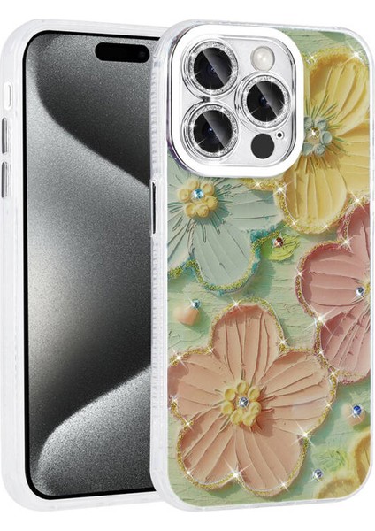 iPhone 14 Pro Max Kılıf Çiçek Desenli ve Taşlı Stella Premium Kapak