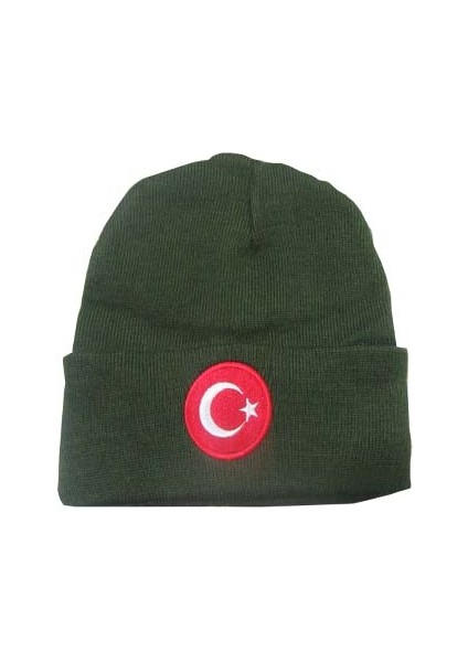 Haki Renk Bere Türk Bayraklı Kışlık Akrilik Bere