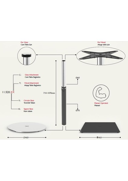 Tablalı Masa Ayağı 11.520.E - Yükseklik Ayarlı Manuel Siyah fiyatları
