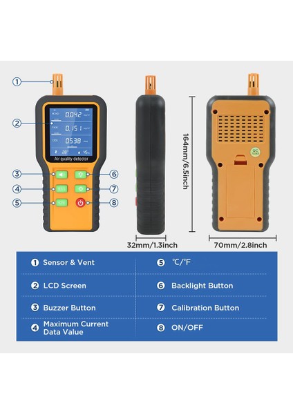 Hava Kalitesi Monitörü Co2 Monitörü Formaldehit Dedektörü Tvoc/sıcaklık/nem Iç Mekan, Buzzer Uyarısı, Arkadan Aydınlatmalı Ekran (Yurt Dışından)