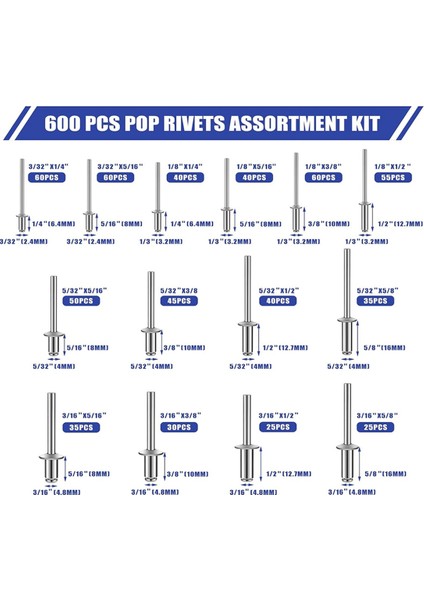 600 Adet 14 Boyutlu Pop Perçin Çeşitleri Kiti Alüminyum Perçinler (3/32 Inç 1/8 Inç 5/32 Inç 3/16 Inç), Çeşitli Kör Perçinler (Yurt Dışından) modelleri