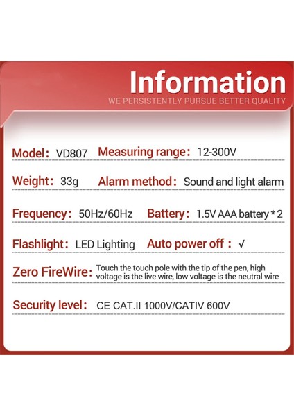 Aneng VD807 Dijital Gerilim Dedektörü Test Cihazı Kalem AC12-300V Gerilim Test Cihazları Devre Ncv Sensör Teli Elektrikçi Aracı (Kırmızı) (Yurt Dışından)