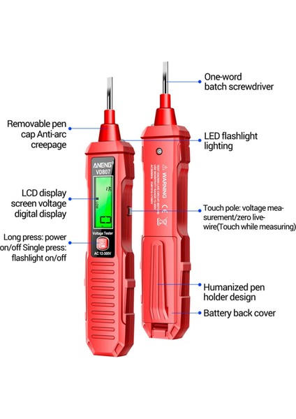 Aneng VD807 Dijital Gerilim Dedektörü Test Cihazı Kalem AC12-300V Gerilim Test Cihazları Devre Ncv Sensör Teli Elektrikçi Aracı (Kırmızı) (Yurt Dışından)