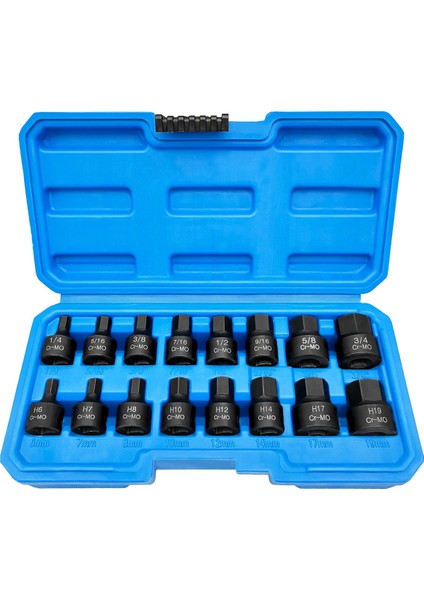 3/8 Inç Sürücü Düşük Profil Darbeli Altıgen Tornavida Seti 16 Parça Sae/metrik 1/4-3/4 Inç 6-19MM Cr-Mo Çelik (Yurt Dışından)
