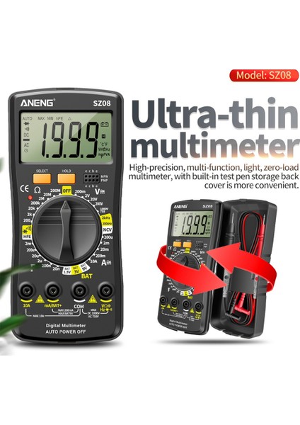 Aneng SZ08 Dijital Multimetre Ultra-Ince Depolama Profesyonel Multimetro Otomatik Voltmetre Ac Dc Direnç Tutma Test Cihazları (Siyah) (Yurt Dışından)