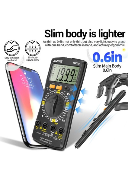 Aneng SZ08 Dijital Multimetre Ultra-Ince Depolama Profesyonel Multimetro Otomatik Voltmetre Ac Dc Direnç Tutma Test Cihazları (Siyah) (Yurt Dışından)