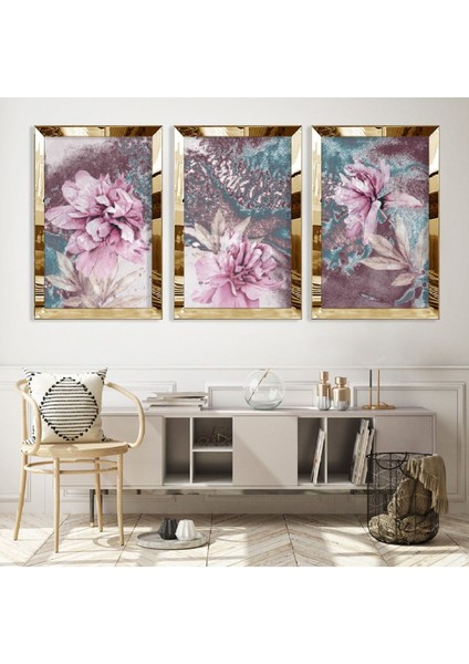 Kolaj Çizim Çiçek Gold Pleksi Kenar Mdf Tablo