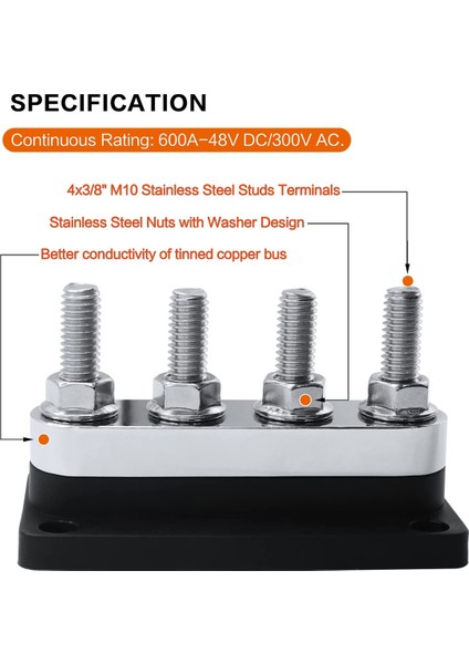 600A Bara 4-Saplama (3/8 Inç) M10 Yüksek Akım Bakır Bara Terminal Bloğu Deniz Dc 12V 24V 48V Kapaklı (Siyah) (Yurt Dışından)