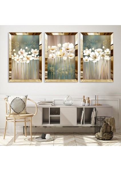 Kolaj Çizim Beyaz Çiçek Gümüş Pleksi Kenar Mdf Tablo
