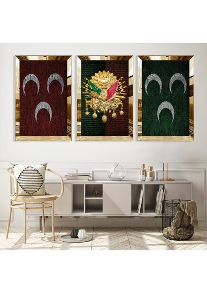 3 Hilal ve Osmanlı Tuğrası Gold Pleksi Kenar Mdf Tablo