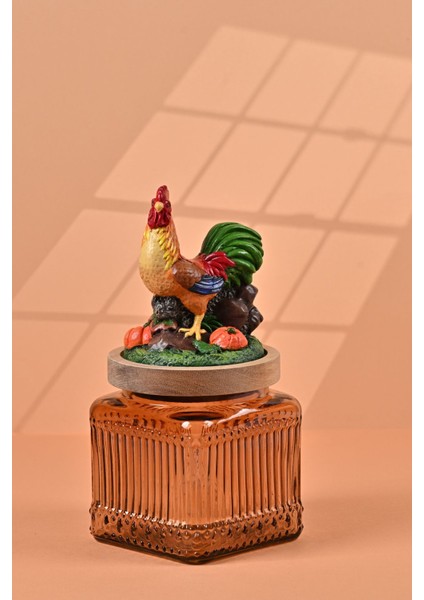 El Yapımı Özel Tasarım Kavanoz - 500 ml - Vakumlu Ahşap Kapaklı (Horoz Detaylı) - Medium Amber Çizgili Cam - Mutfak ve Ev Dekorasyonu fırsatları