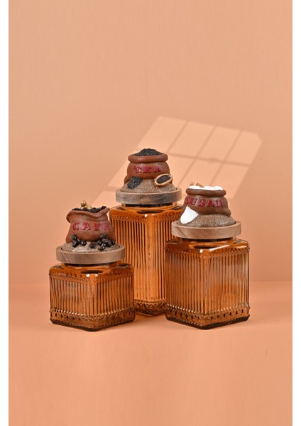 El Yapımı Özel Tasarım Çay Kahve Şeker Kavanozu - 3'lü Set - Vakumlu Ahşap Kapaklı (Kahverengi Detaylı) - Medium Amber Çizgili Cam - Mutfak ve Ev Dekorasyonu