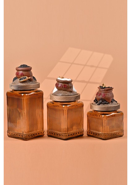 El Yapımı Özel Tasarım Çay Kahve Şeker Kavanozu - 3'lü Set - Vakumlu Ahşap Kapaklı (Kahverengi Detaylı) - Medium Amber Çizgili Cam - Mutfak ve Ev Dekorasyonu modelleri
