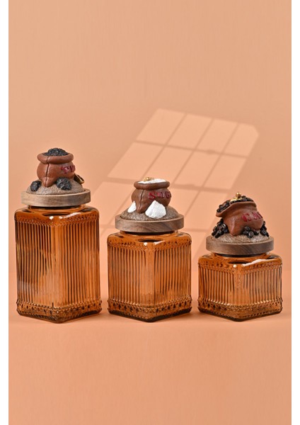 El Yapımı Özel Tasarım Çay Kahve Şeker Kavanozu - 3'lü Set - Vakumlu Ahşap Kapaklı (Kahverengi Detaylı) - Medium Amber Çizgili Cam - Mutfak ve Ev Dekorasyonu fırsatları
