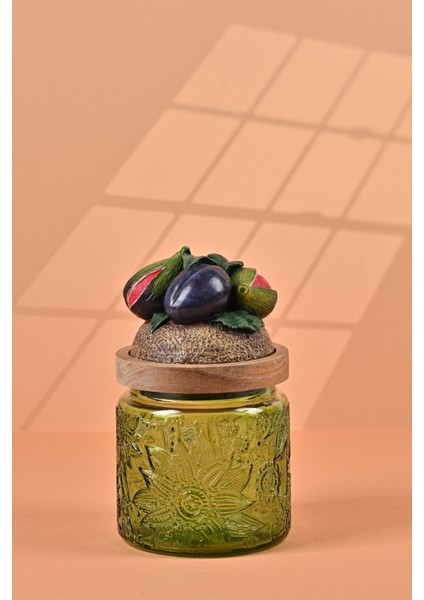 El Yapımı Özel Tasarım Kavanoz - 500 ml - Vakumlu Ahşap Kapaklı (İncir Detaylı) - Yeşil Çiçekli Yuvarlak Cam - Mutfak ve Ev Dekorasyonu fiyatları
