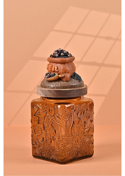 El Yapımı Özel Tasarım Karabiber Baharat Kavanozu - 700 ml - Vakumlu Ahşap Kapaklı (Turuncu Detaylı) - Medium Amber Çiçekli Cam - Mutfak ve Ev Dekorasyonu modelleri