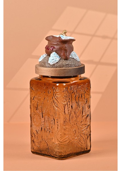 El Yapımı Özel Tasarım Tuz Baharat Kavanozu - 1000 ml - Vakumlu Ahşap Kapaklı (Kahverengi Detaylı) - Medium Amber Çiçekli Cam - Mutfak ve Ev Dekorasyonu fiyatları