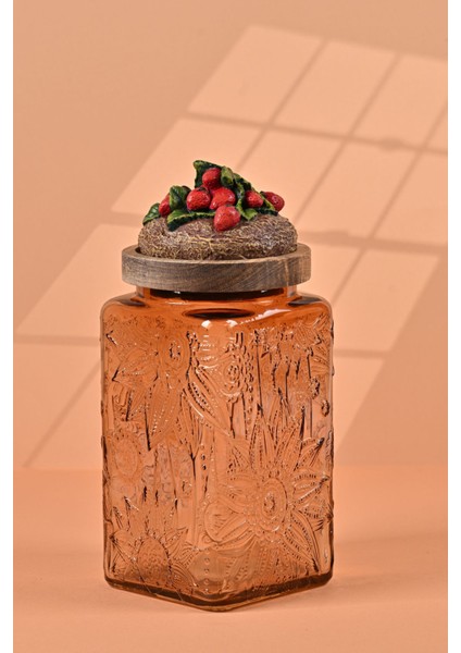 El Yapımı Özel Tasarım Kavanoz - 1000 ml - Vakumlu Ahşap Kapaklı (Çilek Detaylı) - Light Amber Çiçekli Kare Cam - Mutfak ve Ev Dekorasyonu