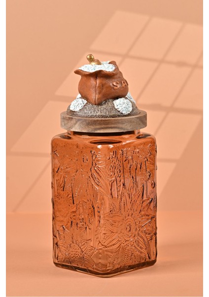 El Yapımı Özel Tasarım Tuz Baharat Kavanozu - 1000 ml - Vakumlu Ahşap Kapaklı (Turuncu Detaylı) - Light Amber Çiçekli Cam - Mutfak ve Ev Dekorasyonu modelleri