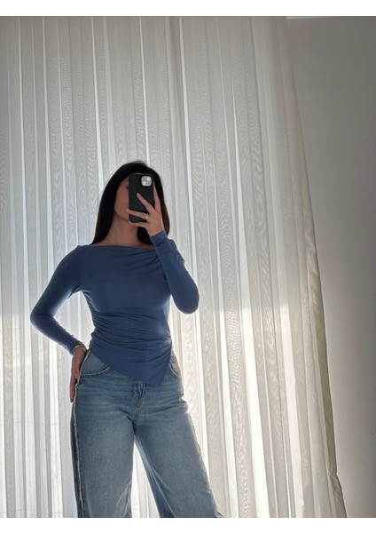 Butik Nis Kadın Kayık Yaka Asimetrik Kesim Body