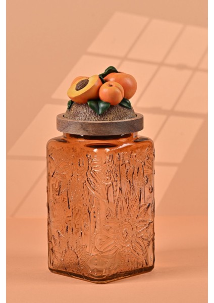 El Yapımı Özel Tasarım Kavanoz - 1000 ml - Vakumlu Ahşap Kapaklı (Kayısı Detaylı) - Light Amber Çiçekli Kare Cam - Mutfak ve Ev Dekorasyonu