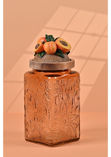 El Yapımı Özel Tasarım Kavanoz - 1000 ml - Vakumlu Ahşap Kapaklı (Kayısı Detaylı) - Light Amber Çiçekli Kare Cam - Mutfak ve Ev Dekorasyonu fiyatları