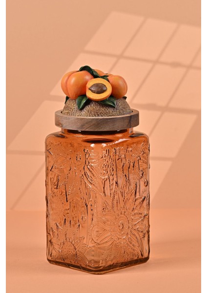El Yapımı Özel Tasarım Kavanoz - 1000 ml - Vakumlu Ahşap Kapaklı (Kayısı Detaylı) - Light Amber Çiçekli Kare Cam - Mutfak ve Ev Dekorasyonu modelleri