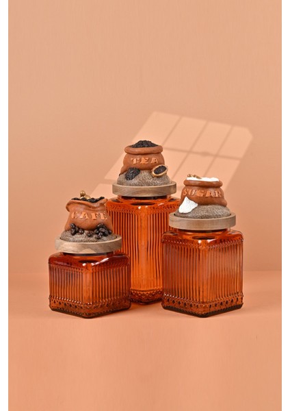 El Yapımı Özel Tasarım Çay Kahve Şeker Kavanozu - 3'lü Set - Vakumlu Ahşap Kapaklı (Turuncu Detaylı) - Dark Amber Çizgili Cam - Mutfak ve Ev Dekorasyonu