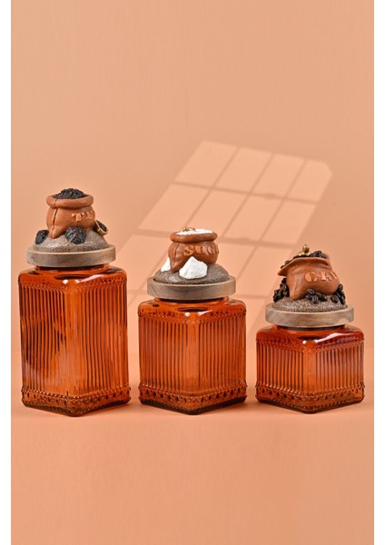 El Yapımı Özel Tasarım Çay Kahve Şeker Kavanozu - 3'lü Set - Vakumlu Ahşap Kapaklı (Turuncu Detaylı) - Dark Amber Çizgili Cam - Mutfak ve Ev Dekorasyonu modelleri
