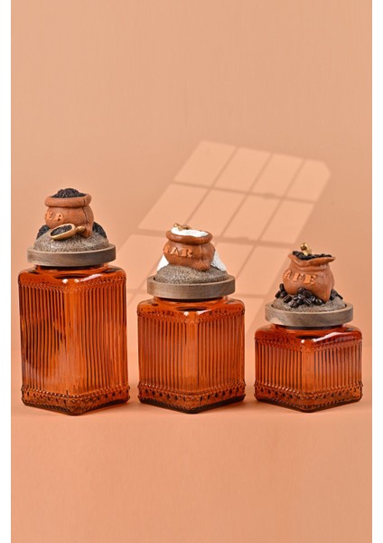 El Yapımı Özel Tasarım Çay Kahve Şeker Kavanozu - 3'lü Set - Vakumlu Ahşap Kapaklı (Turuncu Detaylı) - Dark Amber Çizgili Cam - Mutfak ve Ev Dekorasyonu fırsatları