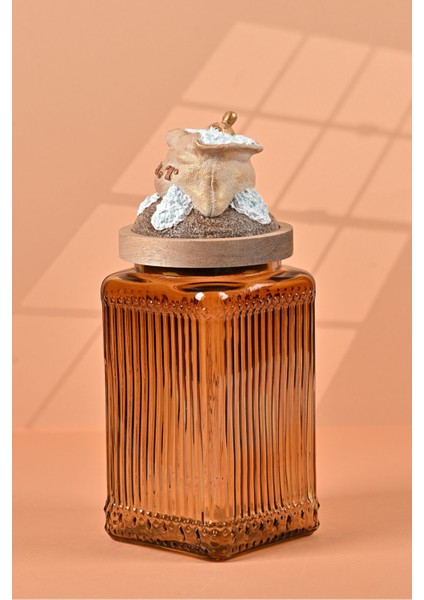 El Yapımı Özel Tasarım Tuz Baharat Kavanozu - 1000 ml -Vakumlu Ahşap Kapaklı (Dore Detaylı) - Medium Amber Çizgili Cam - Mutfak ve Ev Dekorasyonu fiyatları