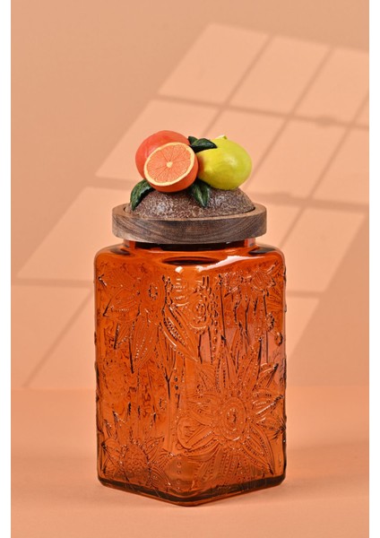 El Yapımı Özel Tasarım Kavanoz - 1000 ml - Vakumlu Ahşap Kapaklı (Portakal Detaylı) - Dark Amber Çiçekli Kare Cam - Mutfak ve Ev Dekorasyonu