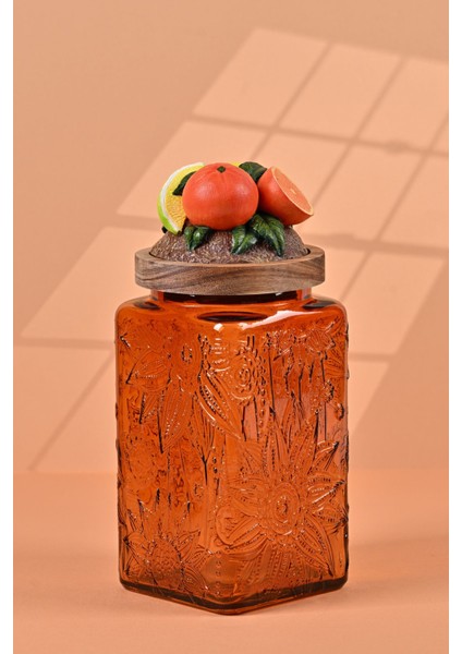 El Yapımı Özel Tasarım Kavanoz - 1000 ml - Vakumlu Ahşap Kapaklı (Portakal Detaylı) - Dark Amber Çiçekli Kare Cam - Mutfak ve Ev Dekorasyonu fiyatları