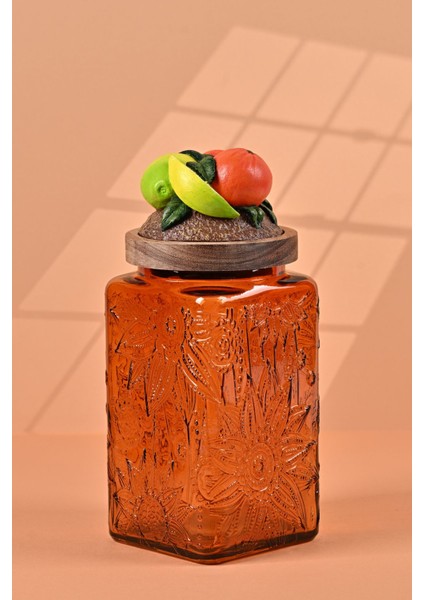 El Yapımı Özel Tasarım Kavanoz - 1000 ml - Vakumlu Ahşap Kapaklı (Portakal Detaylı) - Dark Amber Çiçekli Kare Cam - Mutfak ve Ev Dekorasyonu modelleri