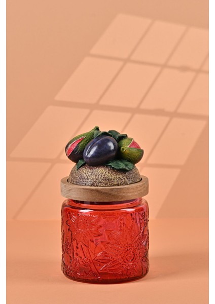 El Yapımı Özel Tasarım Kavanoz - 500 ml - Vakumlu Ahşap Kapaklı (İncir Detaylı) - Kırmızı Çiçekli Yuvarlak Cam - Mutfak ve Ev Dekorasyonu fiyatları