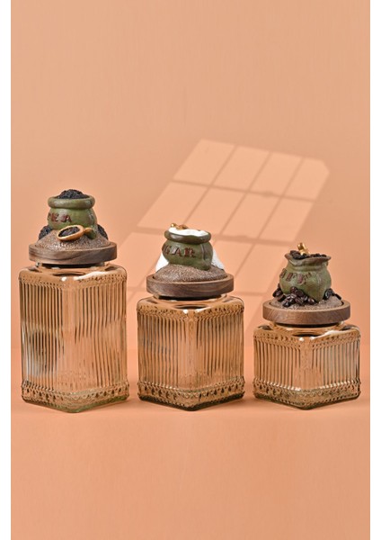 El Yapımı Özel Tasarım Çay Kahve Şeker Kavanozu - 3'lü Set - Vakumlu Ahşap Kapaklı (Yeşil Detaylı) - Light Yeşil Çizgili Cam - Mutfak ve Ev Dekorasyonu fırsatları