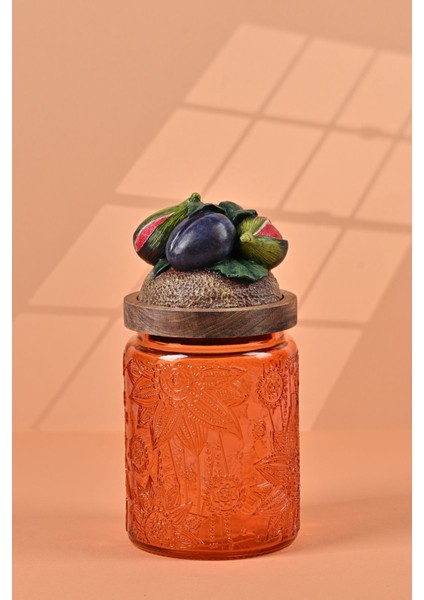 El Yapımı Özel Tasarım Kavanoz - 700 ml - Vakumlu Ahşap Kapaklı (İncir Detaylı) - Turuncu Çiçekli Yuvarlak Cam - Mutfak ve Ev Dekorasyonu modelleri