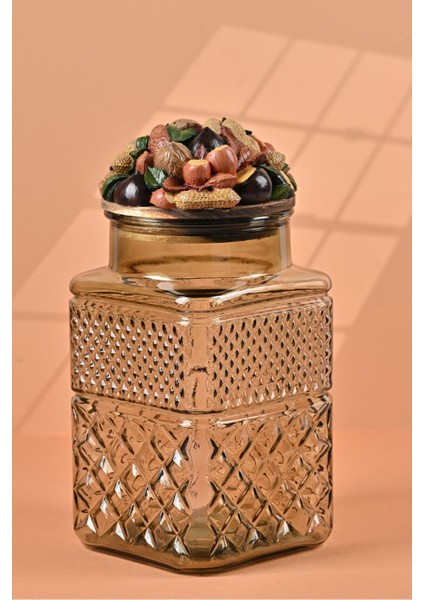 El Yapımı Özel Tasarım Kavanoz - 1800 ml - Vakumlu Ahşap Kapaklı (Kuruyemiş Detaylı) - Light Yeşil Cam - Mutfak ve Ev Dekorasyonu