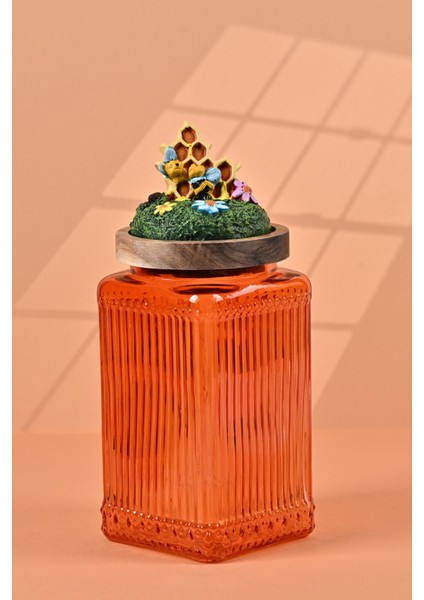 El Yapımı Özel Tasarım Bal Kavanozu - 1000 ml - Vakumlu Ahşap Kapaklı (Bal ve Arı Detaylı) - Turuncu Çizgili Cam - Mutfak ve Ev Dekorasyonu