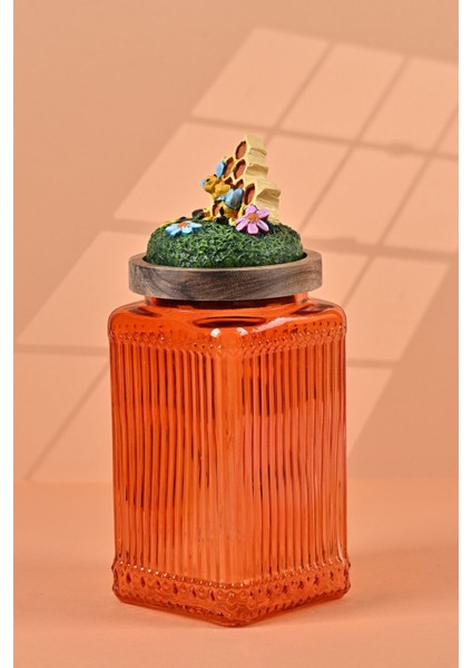 El Yapımı Özel Tasarım Bal Kavanozu - 1000 ml - Vakumlu Ahşap Kapaklı (Bal ve Arı Detaylı) - Turuncu Çizgili Cam - Mutfak ve Ev Dekorasyonu fiyatları