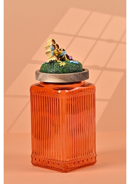 El Yapımı Özel Tasarım Bal Kavanozu - 1000 ml - Vakumlu Ahşap Kapaklı (Bal ve Arı Detaylı) - Turuncu Çizgili Cam - Mutfak ve Ev Dekorasyonu modelleri