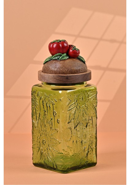 El Yapımı Özel Tasarım Kavanoz - 1000 ml - Vakumlu Ahşap Kapaklı (Domates Detaylı) - Yeşil Çiçekli Cam - Mutfak ve Ev Dekorasyonu modelleri