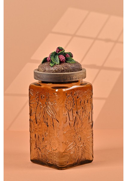 El Yapımı Özel Tasarım Kavanoz - 1000 ml - Vakumlu Ahşap Kapaklı (Böğürtlen Detaylı) - Medium Amber Çiçekli Kare Cam - Mutfak ve Ev Dekorasyonu Medium Amber