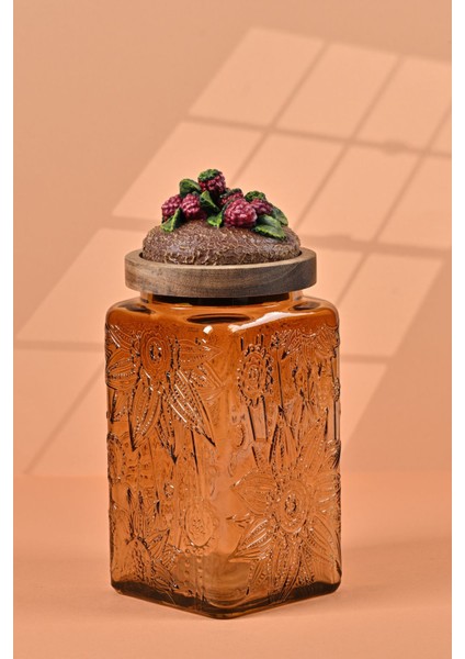 El Yapımı Özel Tasarım Kavanoz - 1000 ml - Vakumlu Ahşap Kapaklı (Böğürtlen Detaylı) - Medium Amber Çiçekli Kare Cam - Mutfak ve Ev Dekorasyonu Medium Amber fiyatları