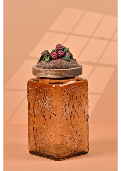El Yapımı Özel Tasarım Kavanoz - 1000 ml - Vakumlu Ahşap Kapaklı (Böğürtlen Detaylı) - Medium Amber Çiçekli Kare Cam - Mutfak ve Ev Dekorasyonu Medium Amber modelleri