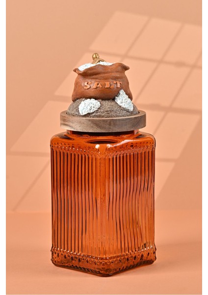 El Yapımı Özel Tasarım Tuz Baharat Kavanozu - 1000 ml - Vakumlu Ahşap Kapaklı (Turuncu Detaylı) - Dark Amber Çizgili Cam - Mutfak ve Ev Dekorasyonu