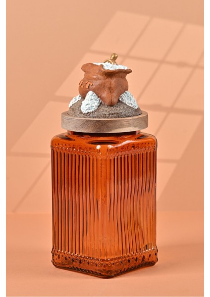 El Yapımı Özel Tasarım Tuz Baharat Kavanozu - 1000 ml - Vakumlu Ahşap Kapaklı (Turuncu Detaylı) - Dark Amber Çizgili Cam - Mutfak ve Ev Dekorasyonu fiyatları